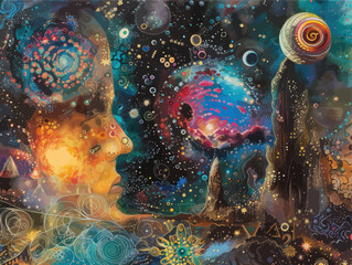 Abstract Cosmic Art with Two Faces and Nebulae  
