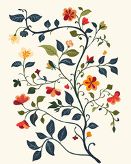 Floral Branch with Colorful Blooms and Leaves