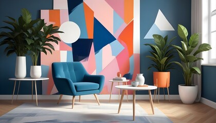 A modern living room with a blue armchair, a small white side table with a potted plant, and a colorful abstract background with orange, pink, and blue geometric shapes.