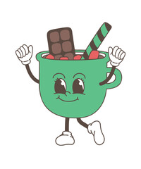 Retro Christmas Chocolate Cup Vector, Retro Christmas Character vector, Cozy Winter Cute Christmas Cup Coffee Vector