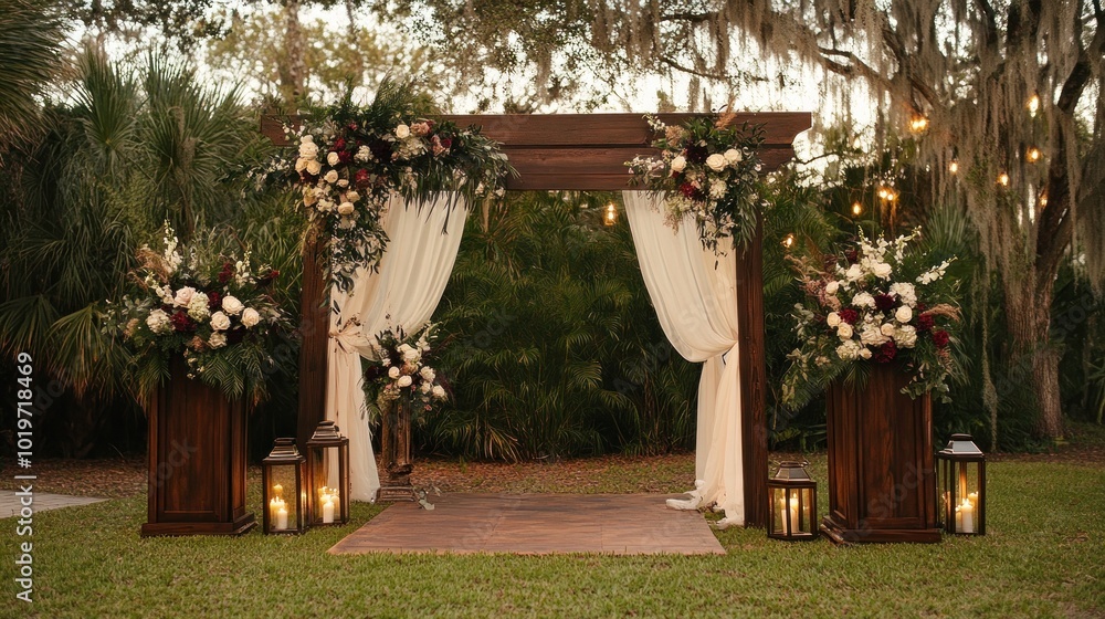 Sticker A beautifully decorated wedding altar with floral arrangements and lanterns.