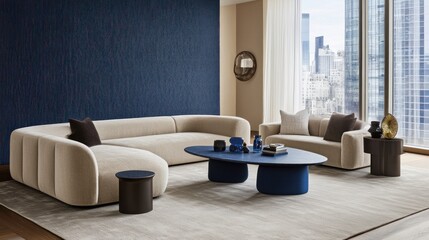 Modern living room featuring stylish furniture and a city view.