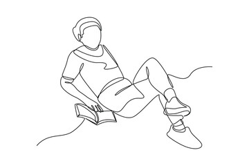 Simple continuous line draw of young man take a rest and while reading a book. Simple line. rest and enjoy life minimalist concept.