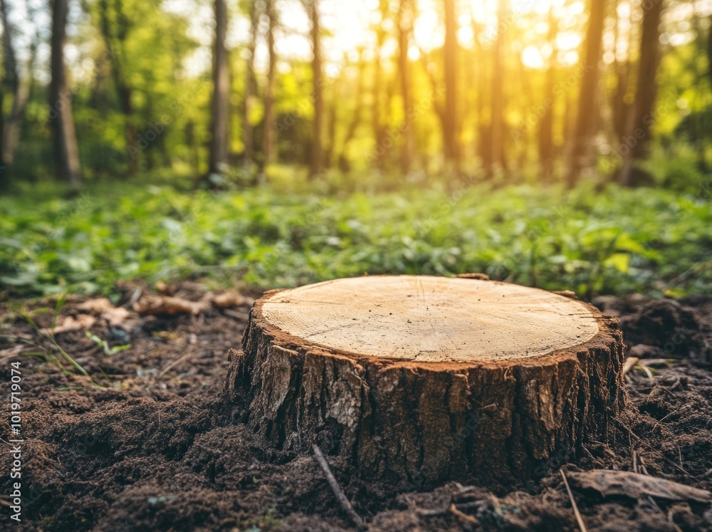 Poster A tree stump in a sunlit forest, surrounded by greenery and soft earth.