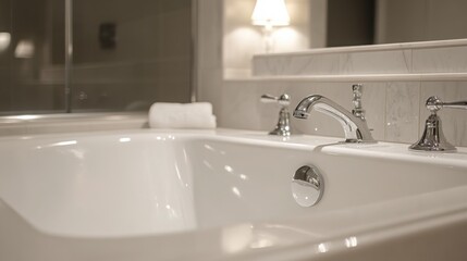 Fototapeta premium clean, white bathtub in a minimalist bathroom, with shiny chrome fixtures and soft lighting creating a serene