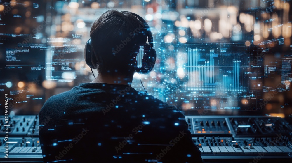 Wall mural A person wearing headphones works on a digital audio workstation surrounded by data visuals.