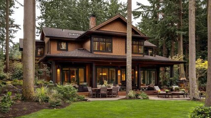 A beautiful two-story house surrounded by tall trees and a well-maintained garden.