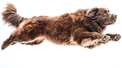 Obraz premium A brown dog leaping gracefully against a white background, showcasing agility and energy.