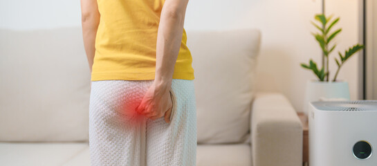 Woman having Abdominal pain. Hemorrhoids disease Constipation, Colorectal cancer. Digestive system,...