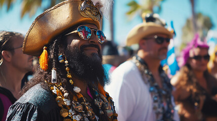Fototapeta premium colorful pirate with gold hat and sunglasses at carnival