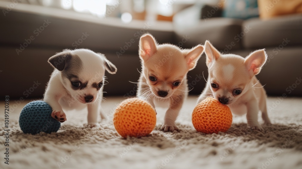 Poster Three playful puppies engaging with colorful balls on a soft carpet.