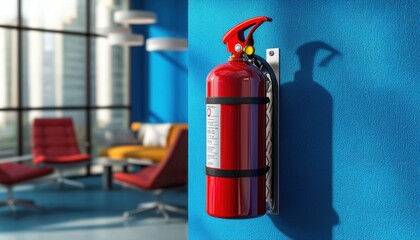 A red fire extinguisher mounted on a blue wall in a modern office space, emphasizing safety and preparedness.