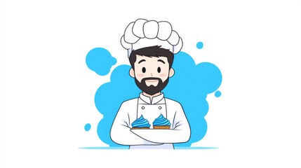 Smiling baker holding blue cupcakes in a white chef's uniform.