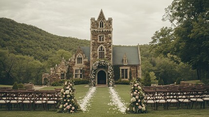 A picturesque wedding venue featuring a stone castle and floral decorations.