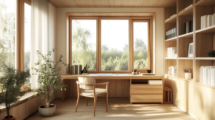 Fototapeta premium bright Scandinavian home office featuring simple desk, natural light, and greenery