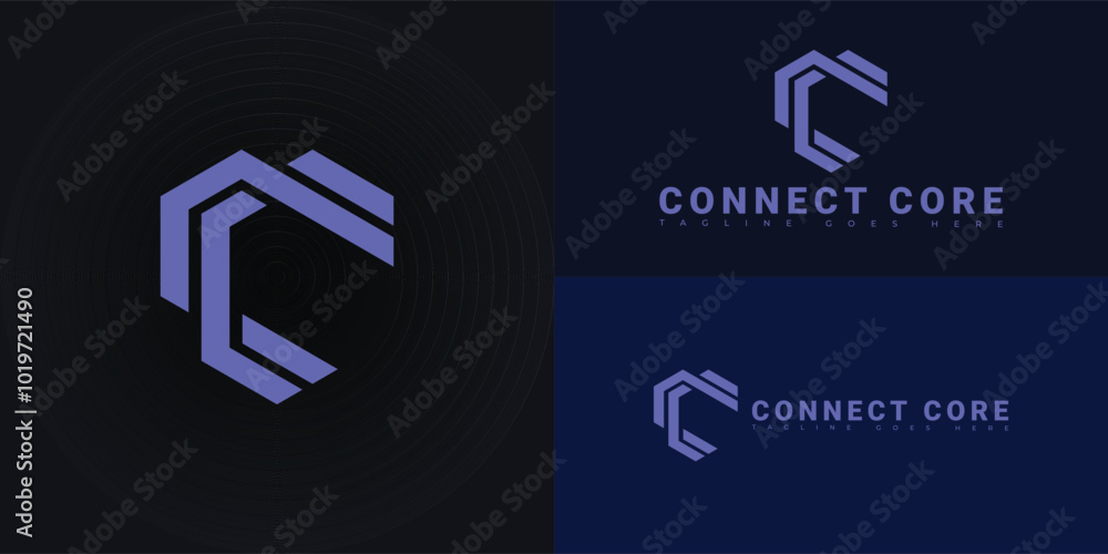 Poster modern hexagon initial vector letter c or cc logo in purple color isolated on multiple background co