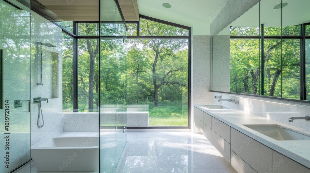 Poster A modern bathroom with large windows overlooking a lush green landscape.