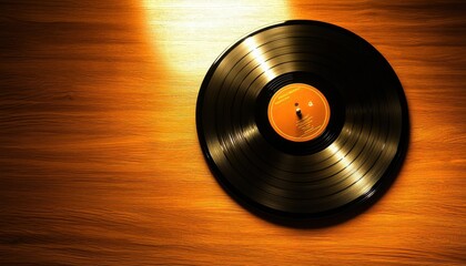 A close-up of a vinyl record resting on a wooden surface, illuminated by soft light, evoking a nostalgic musical atmosphere.