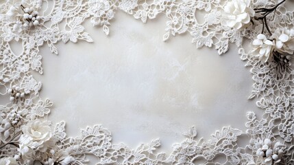 White Lace Border with White Flowers on a Cream Background