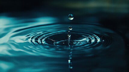 Close-up of a water droplet hitting a dark surface, creating perfect concentric ripples. Concept of tranquility, nature, and minimalism.