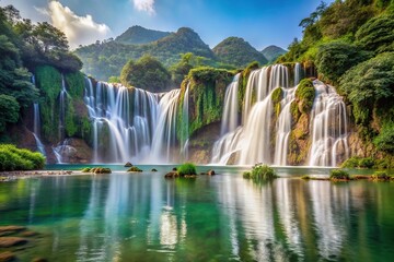 Naklejka premium Beautiful view of Reflected Ban Gioc Waterfall in Cao Bang, Vietnam