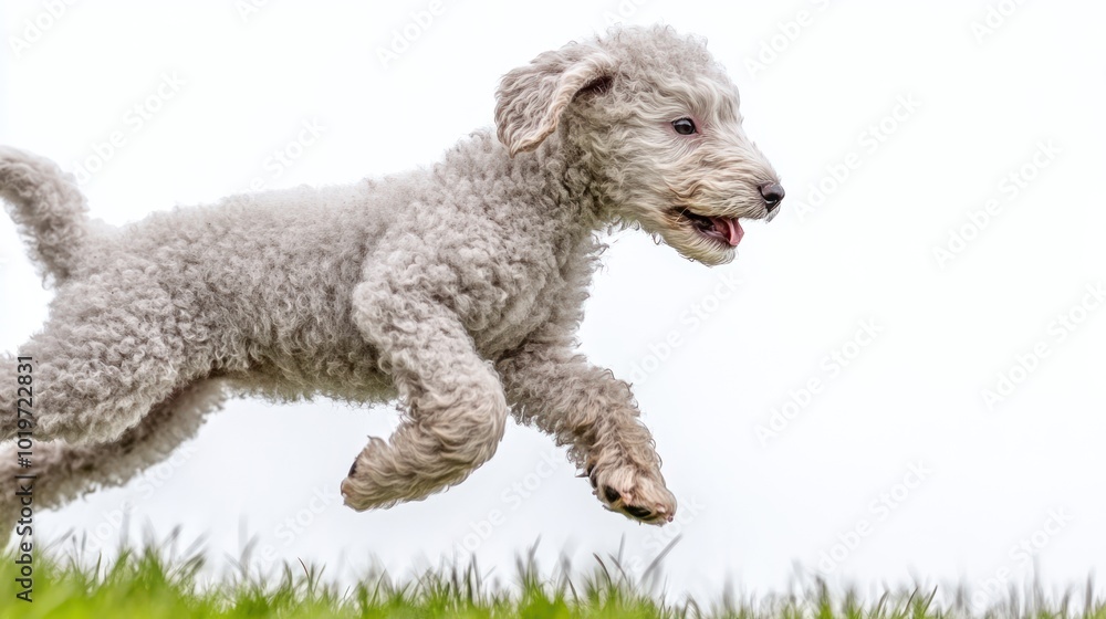 Canvas Prints A playful puppy joyfully running through green grass against a bright, cloudy sky.