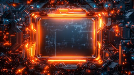 Abstract glowing orange frame on a futuristic technological background