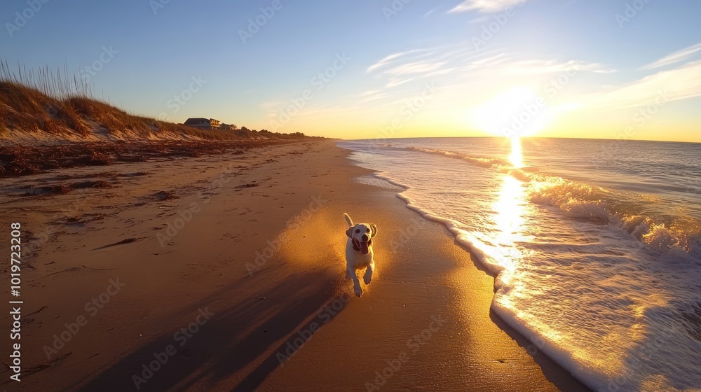 Canvas Prints A dog joyfully runs along a beach at sunset, playing in the sand and surf.