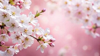 Beautiful white cherry blossoms on a pink background with open reflection