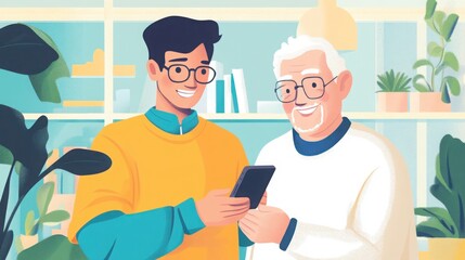 A young adult teaching an older person how to use a smartphone