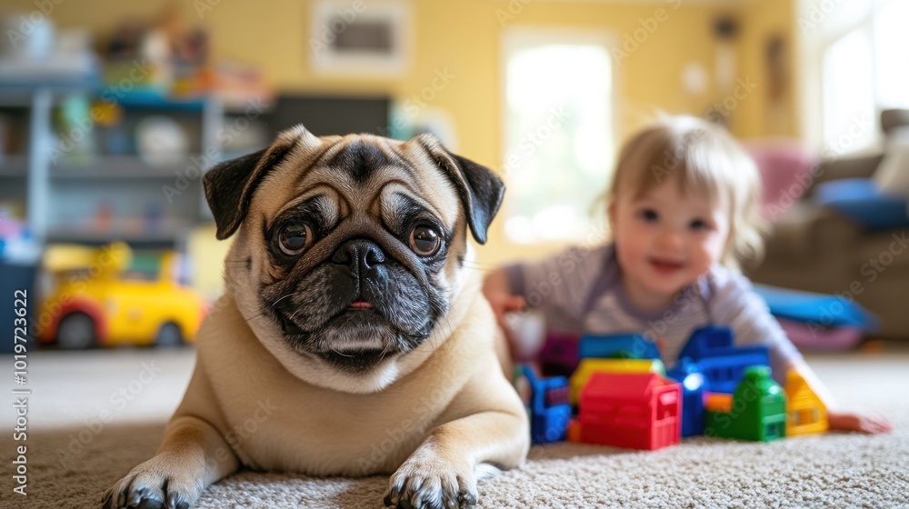 Poster a playful scene featuring a pug dog and a child playing with colorful building blocks.