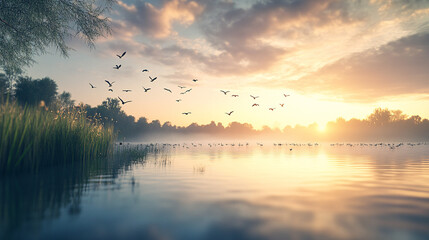 golden sunrise over calm lake with flying birds
