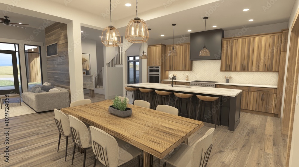 Poster Modern kitchen and dining area with wooden accents and stylish lighting.