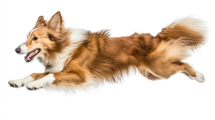 Fototapeta premium A dog joyfully leaping in mid-air against a white background.
