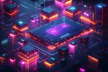 Obraz premium Neon Cityscape on a Microchip: Cyberpunk-inspired digital art depicting a futuristic city built on a microchip, glowing with vibrant neon lights. A mesmerizing blend of technology and urban design. 