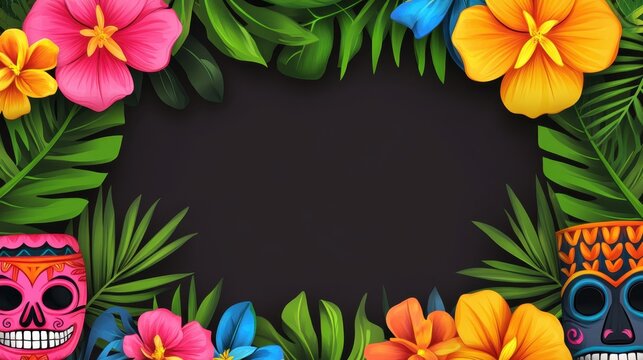 Colorful Tiki Luau design template with tropical flowers, perfect for customizing party invitations, flyers, or vacation celebration themes