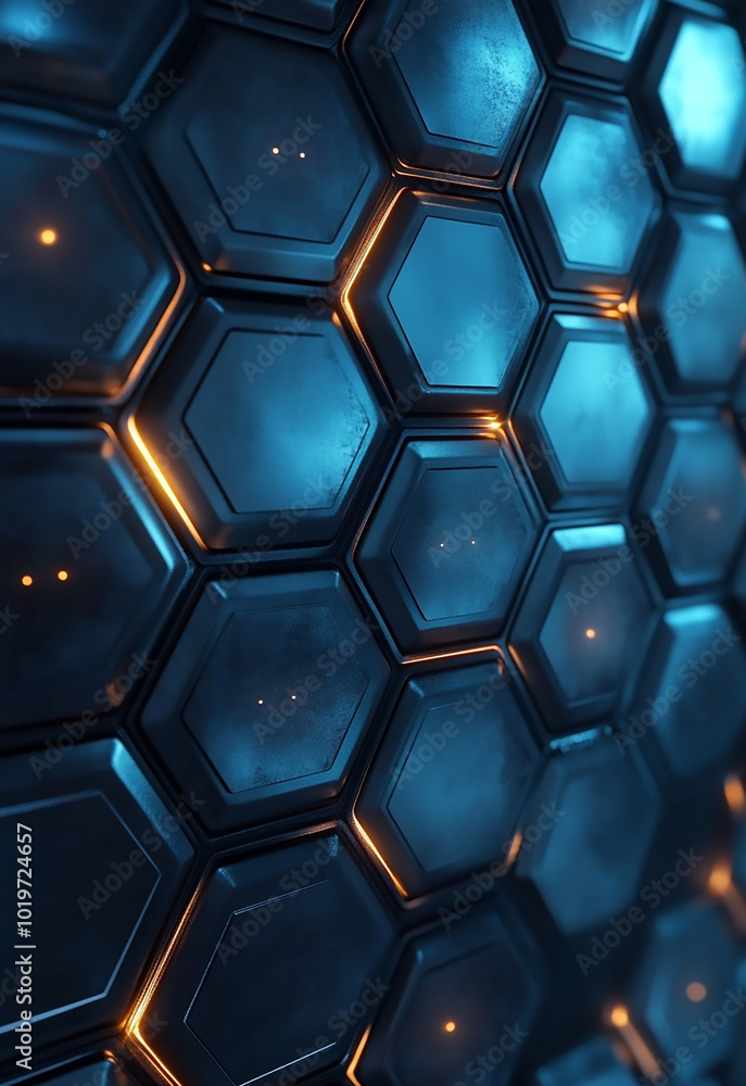 Poster abstract background of hexagonal shapes in blue colors abstract dark hexagon pattern with glowing ed