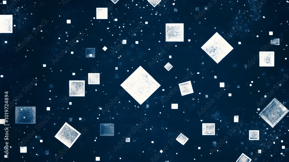 Poster a dark blue background with small white squares, each featuring one large square in the center and f