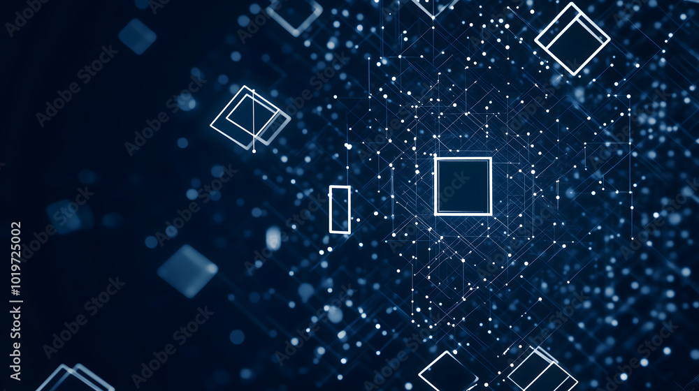 Poster a dark blue background with small white squares, each featuring one large square in the center and f