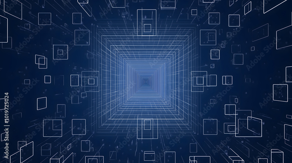 Poster a dark blue background with small white squares, each featuring one large square in the center and f