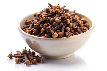Obraz premium asymmetrical cloves in a bowl on a table isolated on white background
