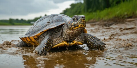 Fototapeta premium Eastern Box Turtle Emerging from Water on a Rainy Day