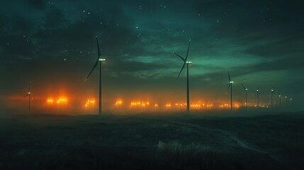 Obraz premium futuristic scene showcasing illuminated wind turbines under a night sky