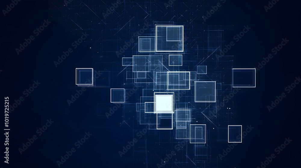 Poster a dark blue background with small white squares, each featuring one large square in the center and f
