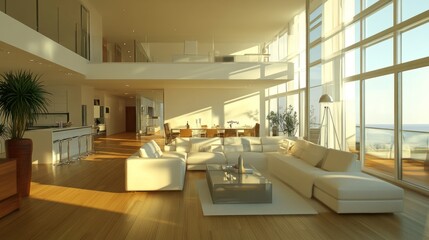 Modern, spacious living room with large windows and elegant furniture, showcasing natural light.