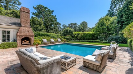 A serene outdoor space featuring a pool, lounge chairs, and a brick fireplace.