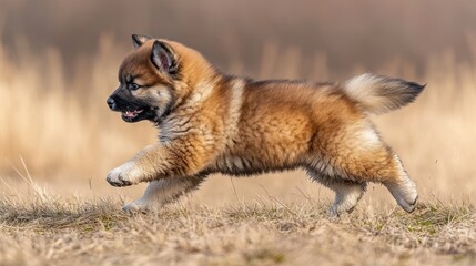 Fototapeta premium A playful puppy running through a grassy field, showcasing its energy and cuteness.