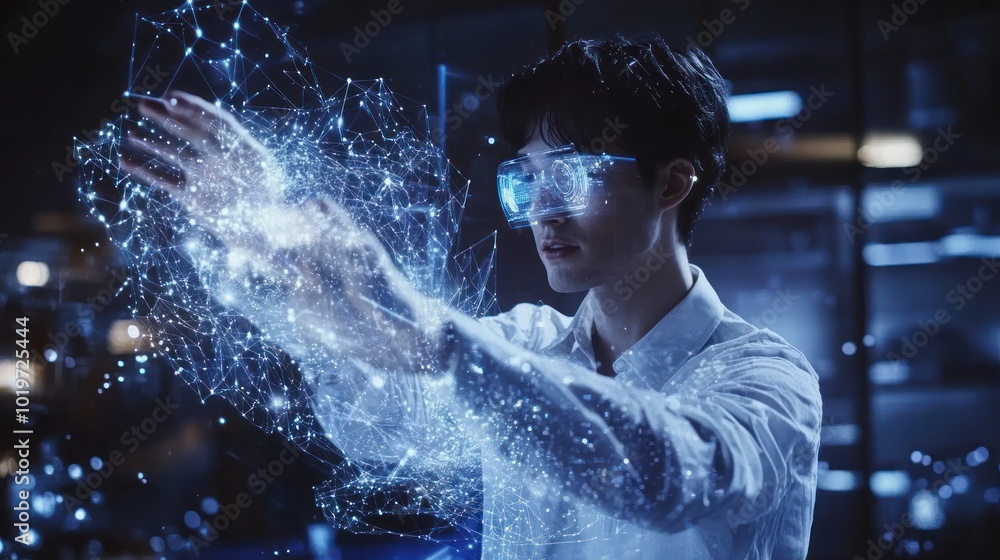 Poster a person manipulating digital data with holographic visuals in a futuristic setting.