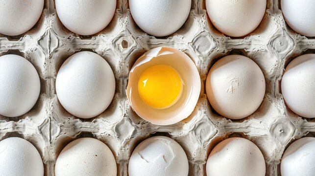 Cracked egg with yolk spilling out surrounded by empty eggshells, symbolizing food safety recall on clean white surface.