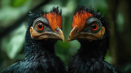 Close-up of two vibrant birds with striking features